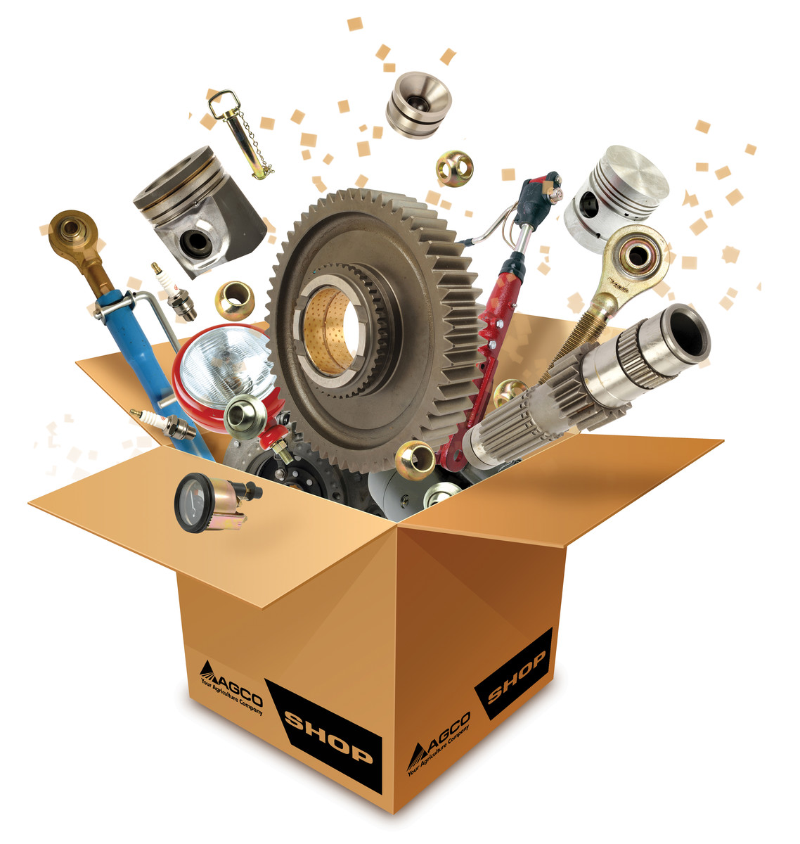 AGCO Parts box with parts creatively flying out of box